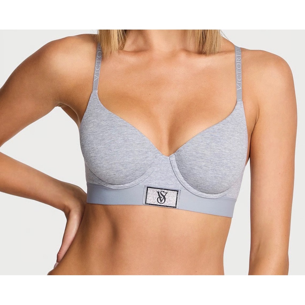 Victoria's Secret T-Shirt Lightly Lined Demi Bra Gray Rhinestone Logo 36DD